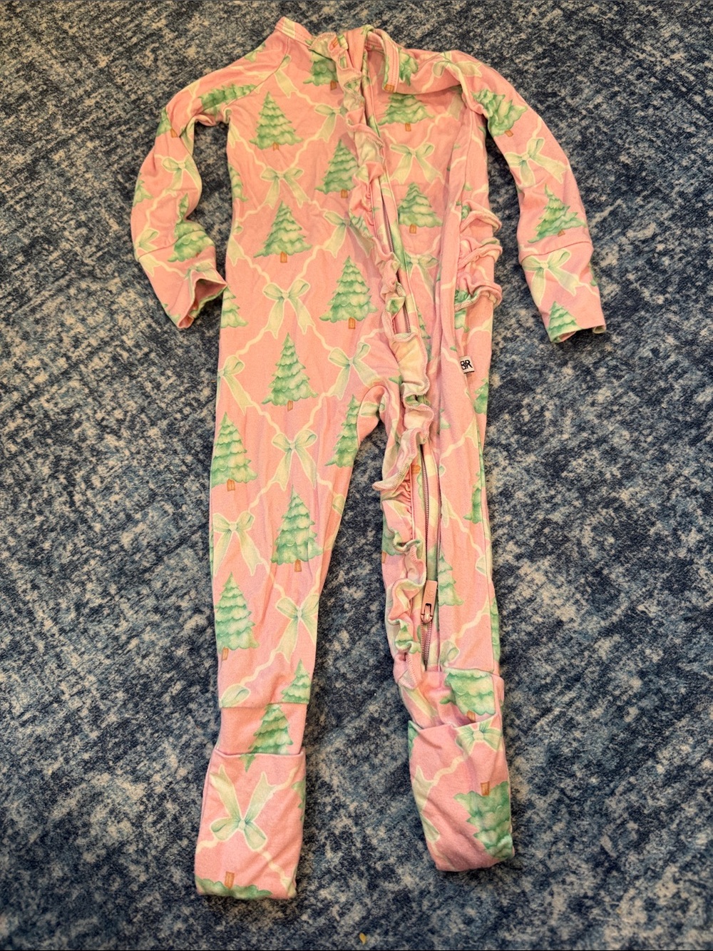 Pink Kids One-Piece Pajamas with Christmas Tree and Bow print